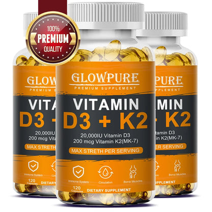 Vitamin D3 K2 Capsule - 20,000 IU Vitamin D3 Promotes Strong Bones, Calcium Absorption, Teeth, Heart, Cardiovascular Health