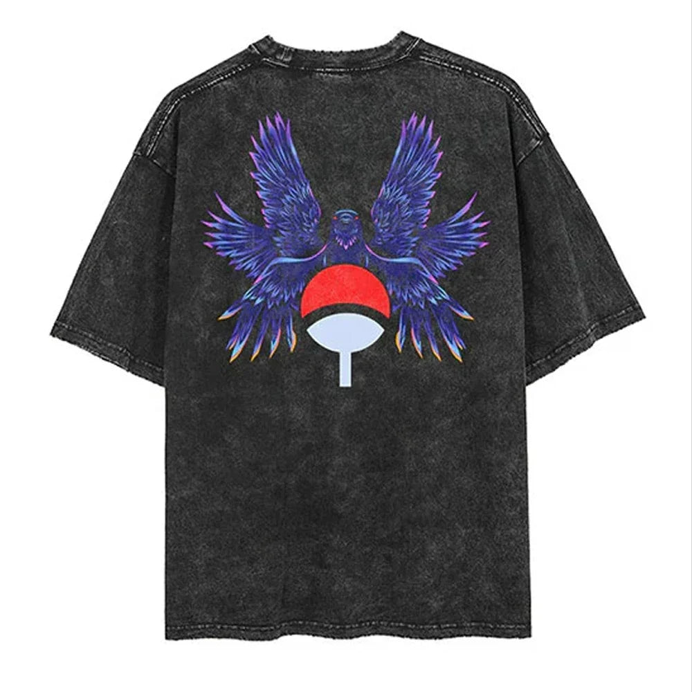 Men Streetwear Tshirt Japanese Naruto Anime Graphic T-Shirt Cotton Harajuku Washed T Shirt Summer Hip Hop Tops Tees Black