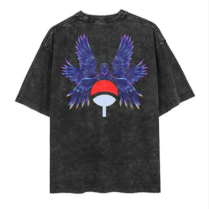 Men Streetwear Tshirt Japanese Naruto Anime Graphic T-Shirt Cotton Harajuku Washed T Shirt Summer Hip Hop Tops Tees Black