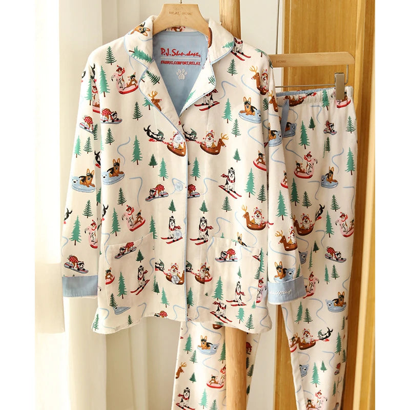 2026 Spring Autumn Winter New Home Clothes Women Cotton Pajamas Suit Cartoon Nightwear Comfort Shirt Pants Gift Loungewear
