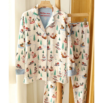2026 Spring Autumn Winter New Home Clothes Women Cotton Pajamas Suit Cartoon Nightwear Comfort Shirt Pants Gift Loungewear