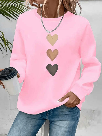 Women's Casual Heart Print Pullover Sweatshirt Geometric Design Long Sleeve Round Neck Machine Washable Regular Fit for Autum