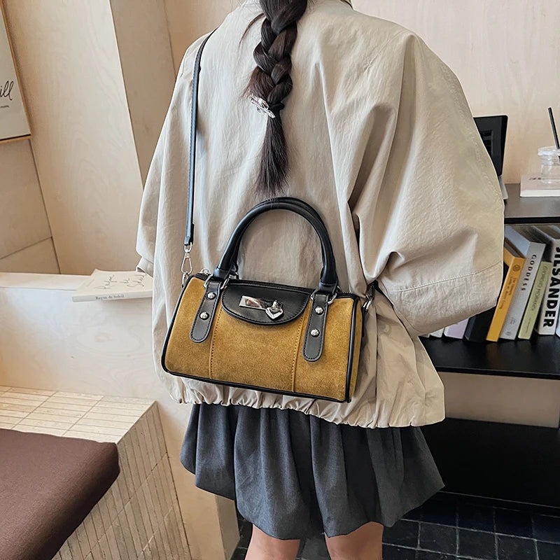Faux Suede Shoulder Bag - Vintage Style Small Bucket Crossbody With Zipper Closure