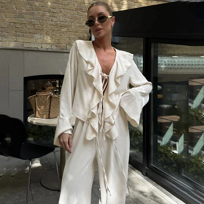 Linad Casual Loose Apricot Outfits Fashion Ruffles Flare Sleeve Blouse With High Waist Pant 2 Piece Sets Summer Long Pants Suits