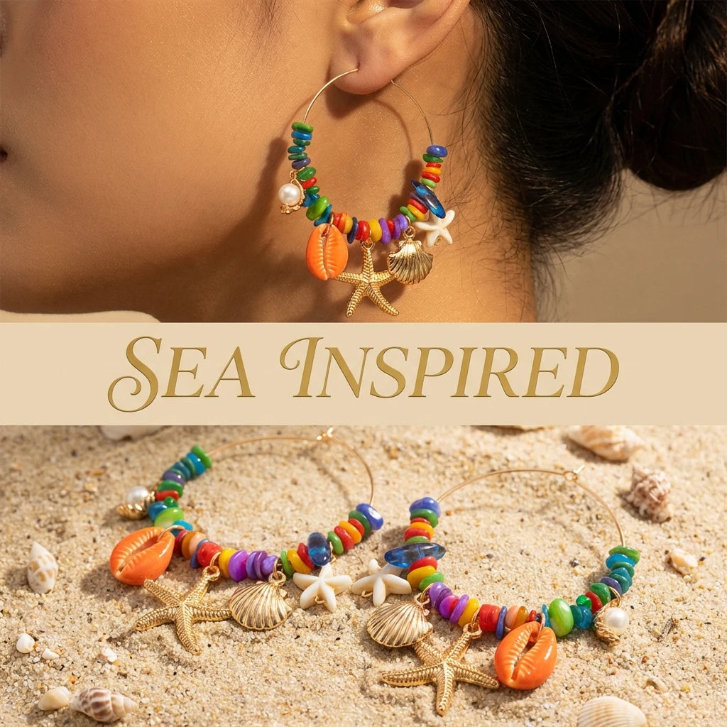 Boho Stone Hoop Earrings – Starfish & Shell Dangle (Y2K Beach)