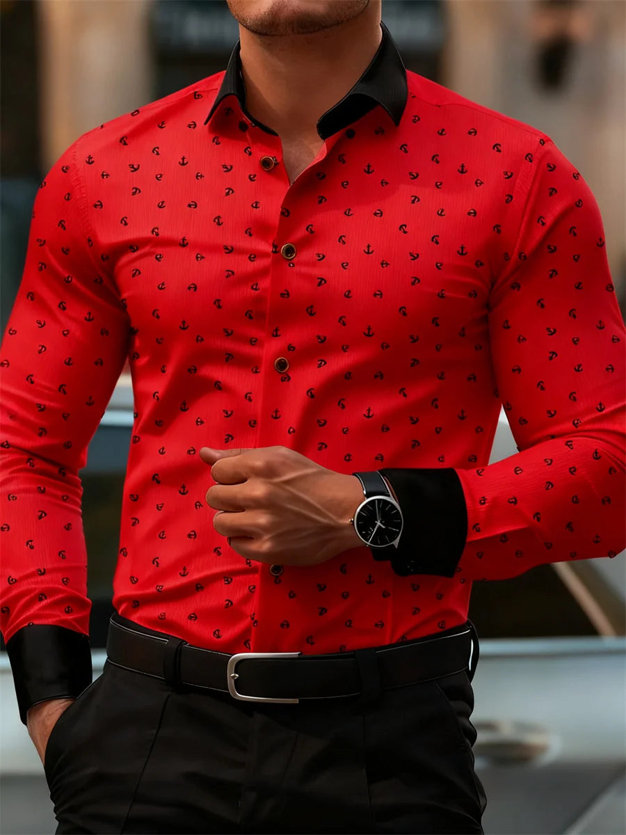 New Men's Fashion Anchor Print Contrast Color Lapel Long Sleeve Shirt Business Casual Slim Fit Non-iron Versatile Shirt XS-6XL
