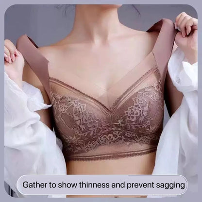Plus Size Bra - Women's Lace Padded Comfort Bra With Ice Silk Fabric, Wire Free Support