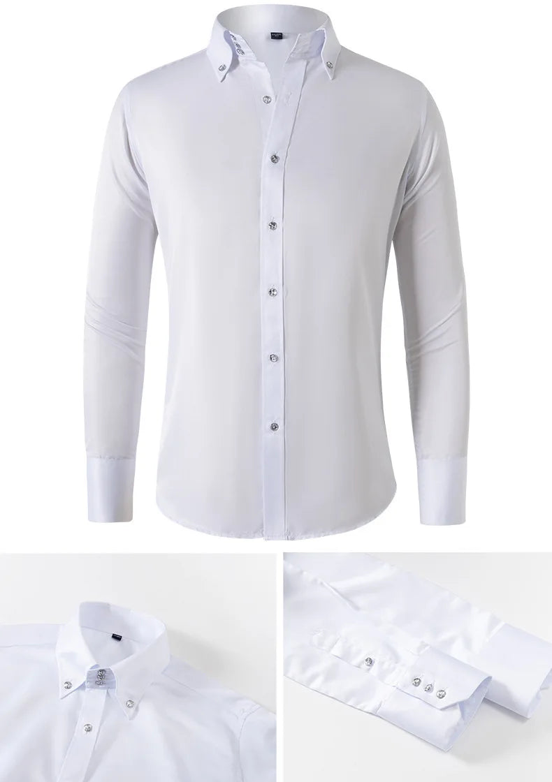 Solid color shirt men's crystal button long sleeved pointed collar light luxury men's business casual men's wear