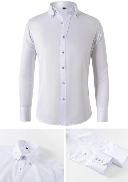 Solid color shirt men's crystal button long sleeved pointed collar light luxury men's business casual men's wear