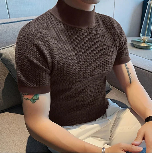 Men's High Neck T-Shirt – Casual Summer Knitted Base Tee | Breathable Polyester Top