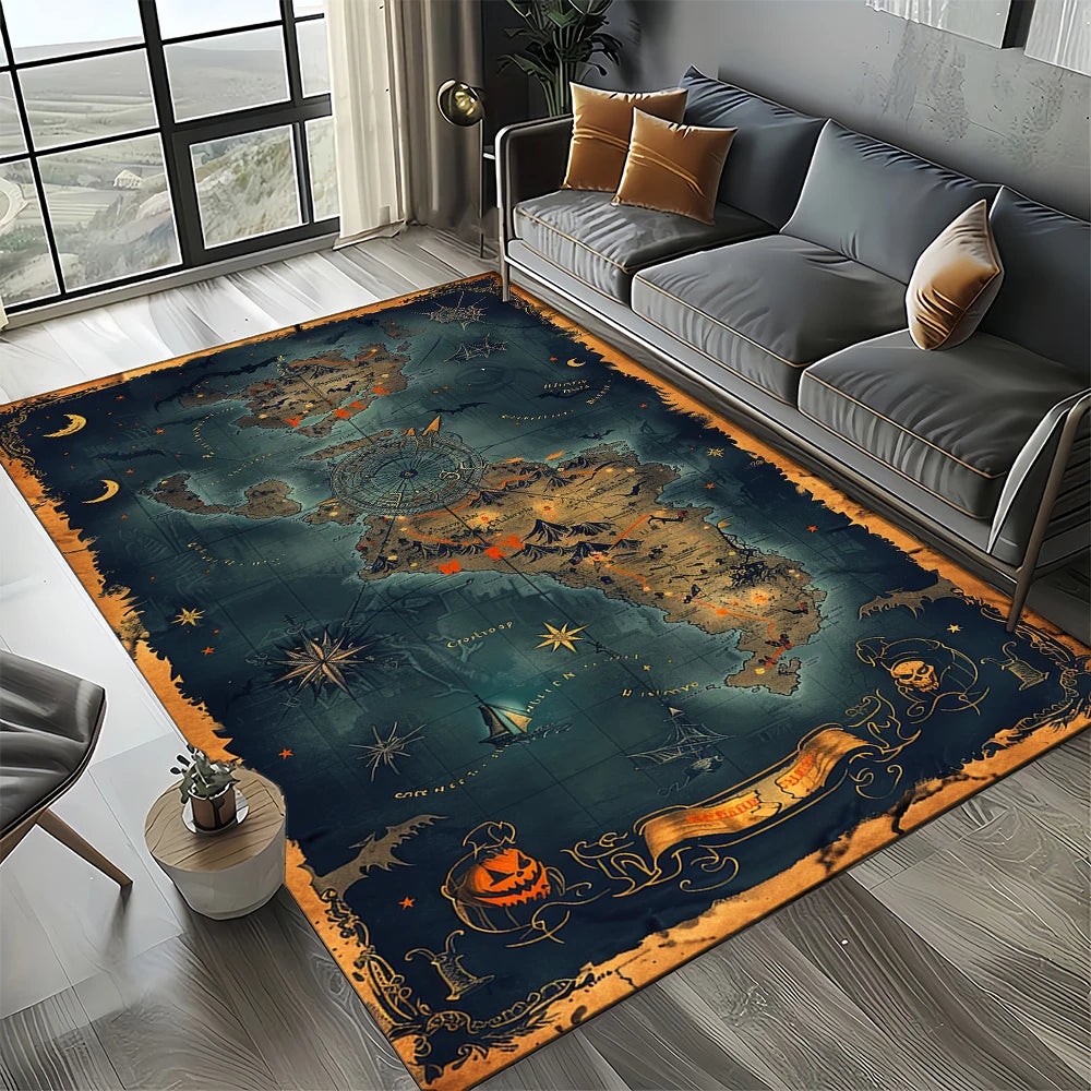 Nautical Map Rug – Retro Marine Compass Carpet | Non Slip Floor Mat for Living Room
