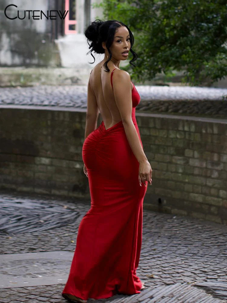 Red Spaghetti Strap Maxi Dress - Sexy Backless Ruched Body Shaping Dress Women