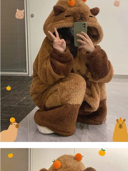 Soft Cute Animals Shape Blanket Pajamas Unisex For Adult Coral Velvet Warm Cosplay Loose  Pajamas Pants Home Wear