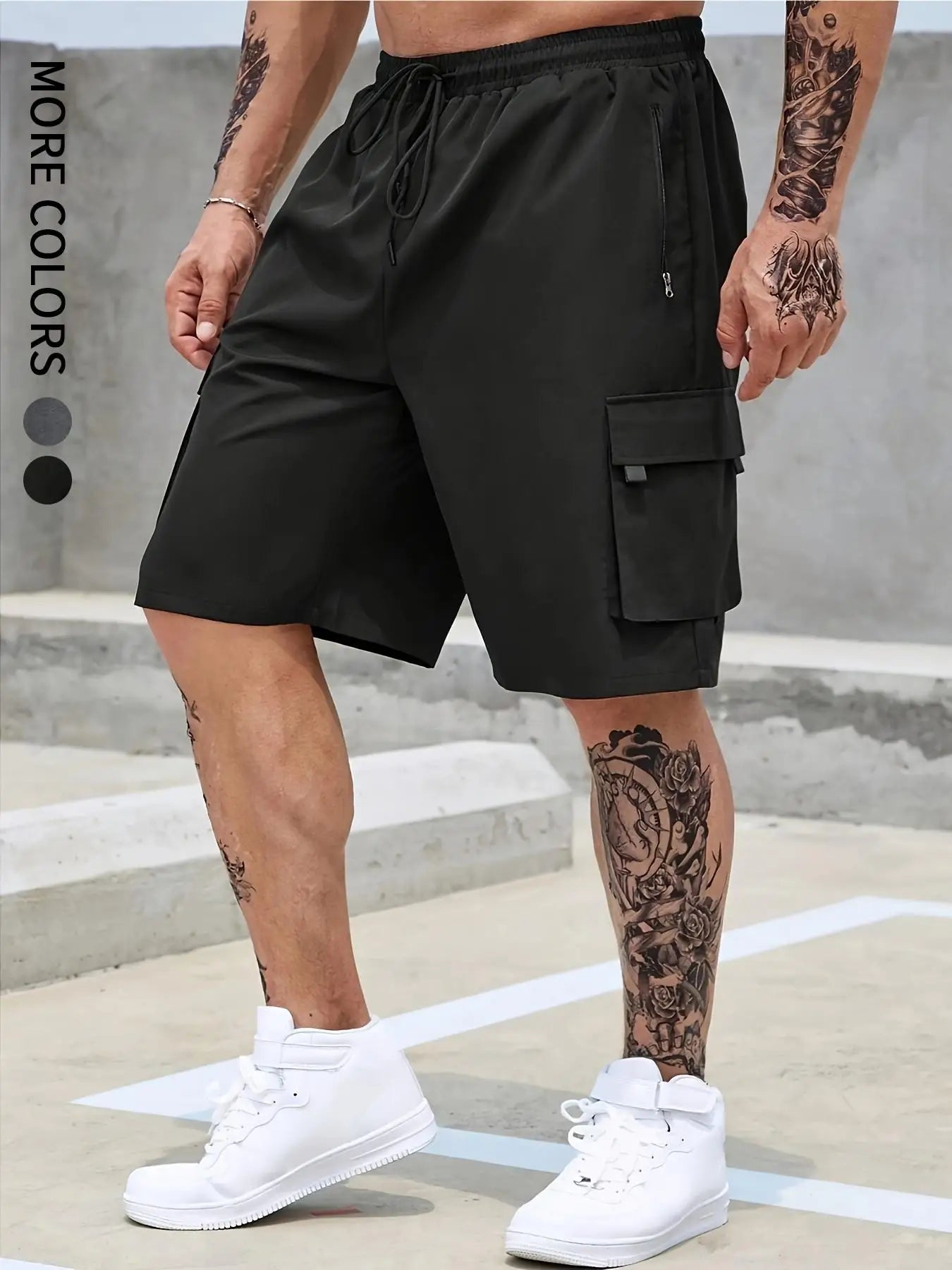 Men's Cargo Shorts - Casual Lightweight Polyester Shorts with Adjustable Drawstrings & Zipper Pockets