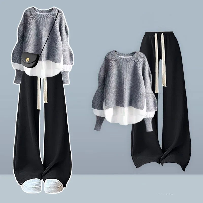 2025 Autumn/Winter New Korean Elegant Fake Two Piece Knit Sweater Top+Casual Pants Suit Women's Fashion Tracksuit Matching Set
