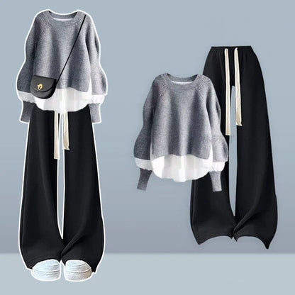 2025 Autumn/Winter New Korean Elegant Fake Two Piece Knit Sweater Top+Casual Pants Suit Women's Fashion Tracksuit Matching Set