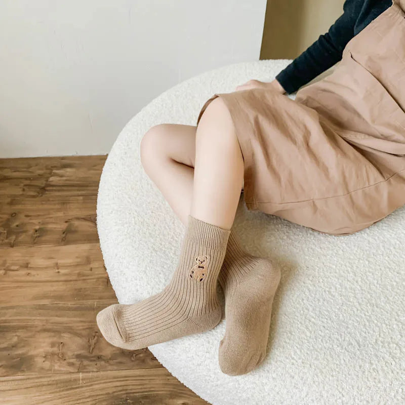 1 Pairs Cotton Kids Socks Korean Retro Style Bear Embroidery Girls Boy Toddler Knitted Socks Warmth Tube Socks For 1-9 Year