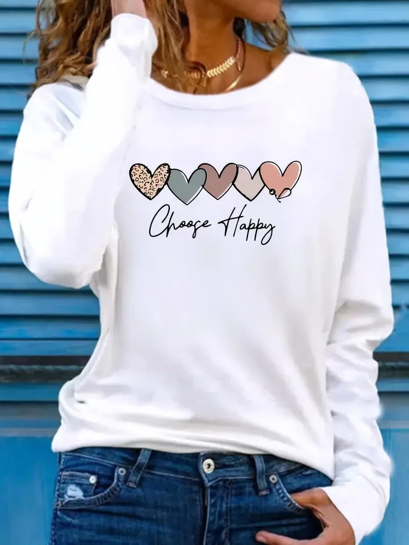 Heart Printed Shirt Funny Gothic T Shirt Women's Casual Print Long Sleeve T-Shirt Crew Neck Top Tee Tshirt