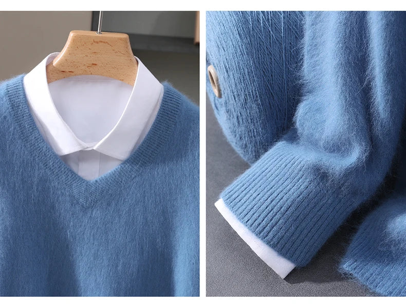 Men's 100% Pure Mink Cashmere Sweater V-neck Pullover Knit Bottoming Shirt Autumn And Winter New Long-Sleeve High-End Mink Tops
