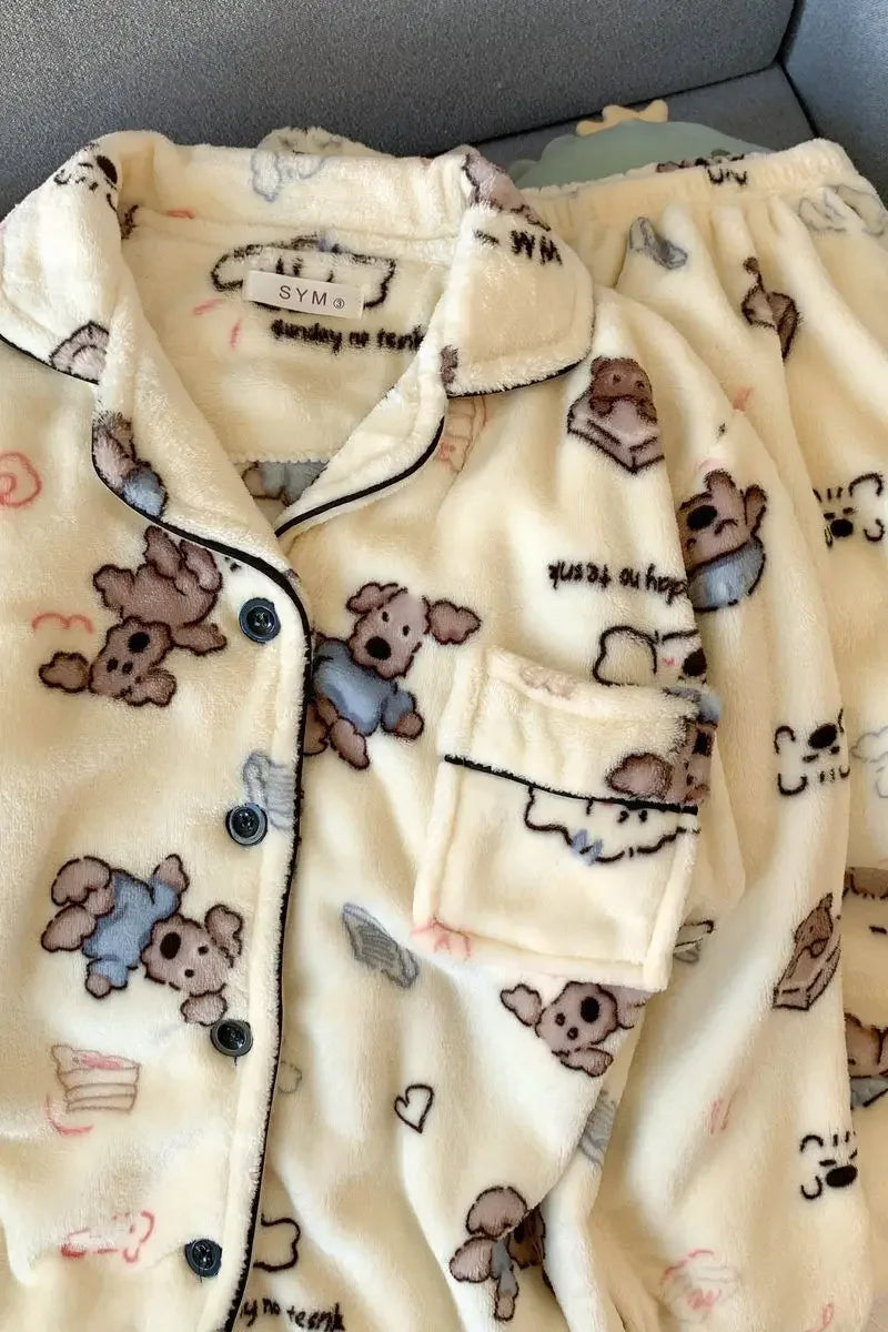 Plus Size Fluffy Winter Pajamas Women's Home Clothes Set Thickened Warmth Sleepwear with Running Dogs Design Cozy Indoor Suit