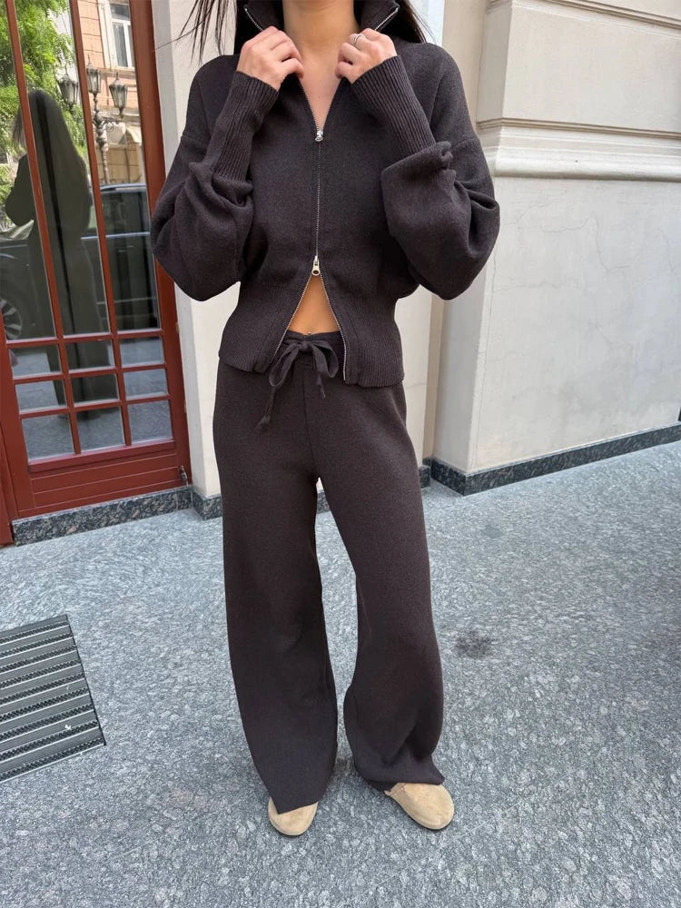Solid Color Zipper Waist Cinching Casual Set Knitted Top Drawstring Straight Leg Pants 2-piece Sets 2026 Autumn Lady Daily Wear
