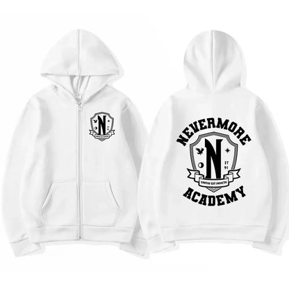 Men Women Nevermore Academy Logo Print Graphic Zipper Hoodie Casual Long Sleeve Harajuku Oversized Zip Up Coats Hoodies