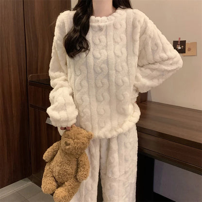 Ultra Soft Warm Coral Fleece Pajama Set Lightweight Fluffy Winter Loungewear Sleepwear For Women Cozy Home Suit Winter Style New