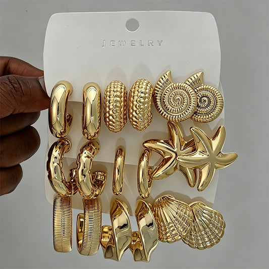 18-Piece Ocean Earring Set – Gold Starfish, Shell & Conch Hoops