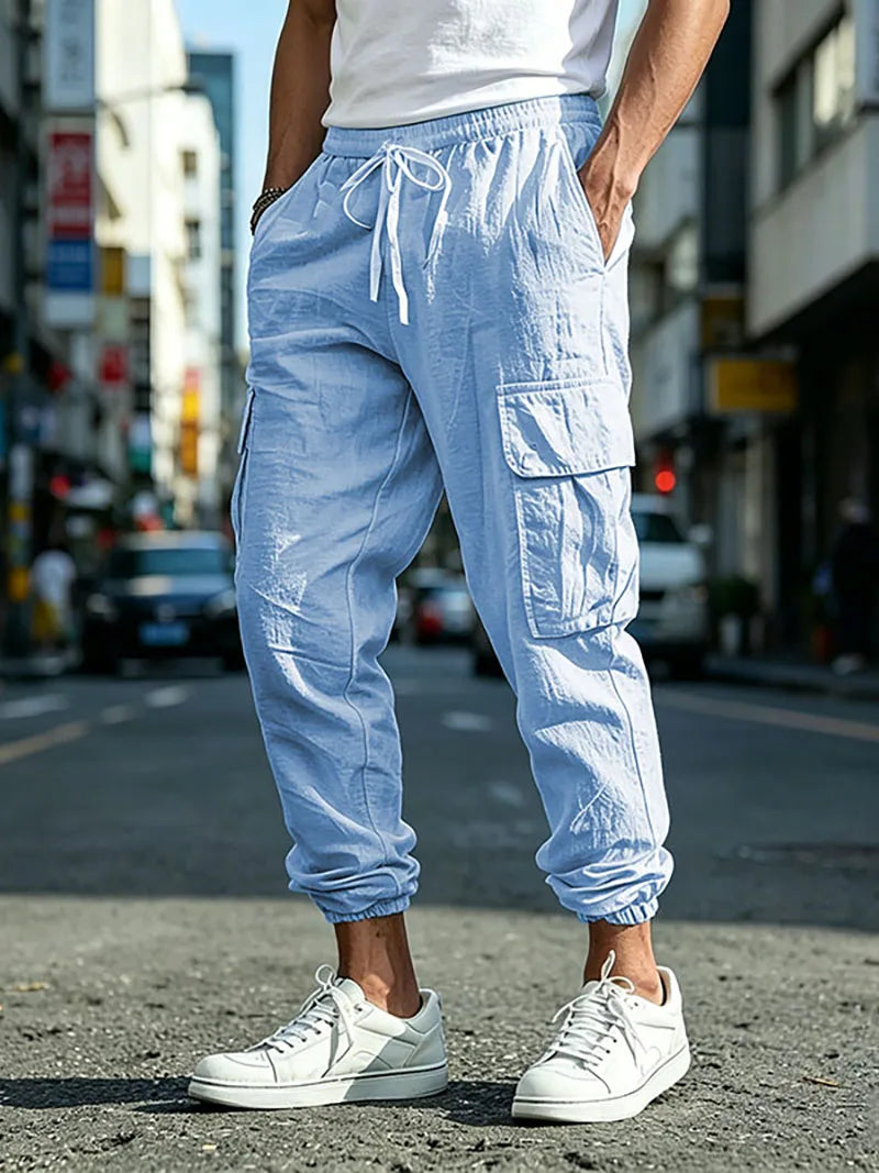 Men's Cotton Linen blend Cargo Jogger Pants Elastic Waist Drawstring Multi Pockets Casual Breathable Streetwear Trousers for Men