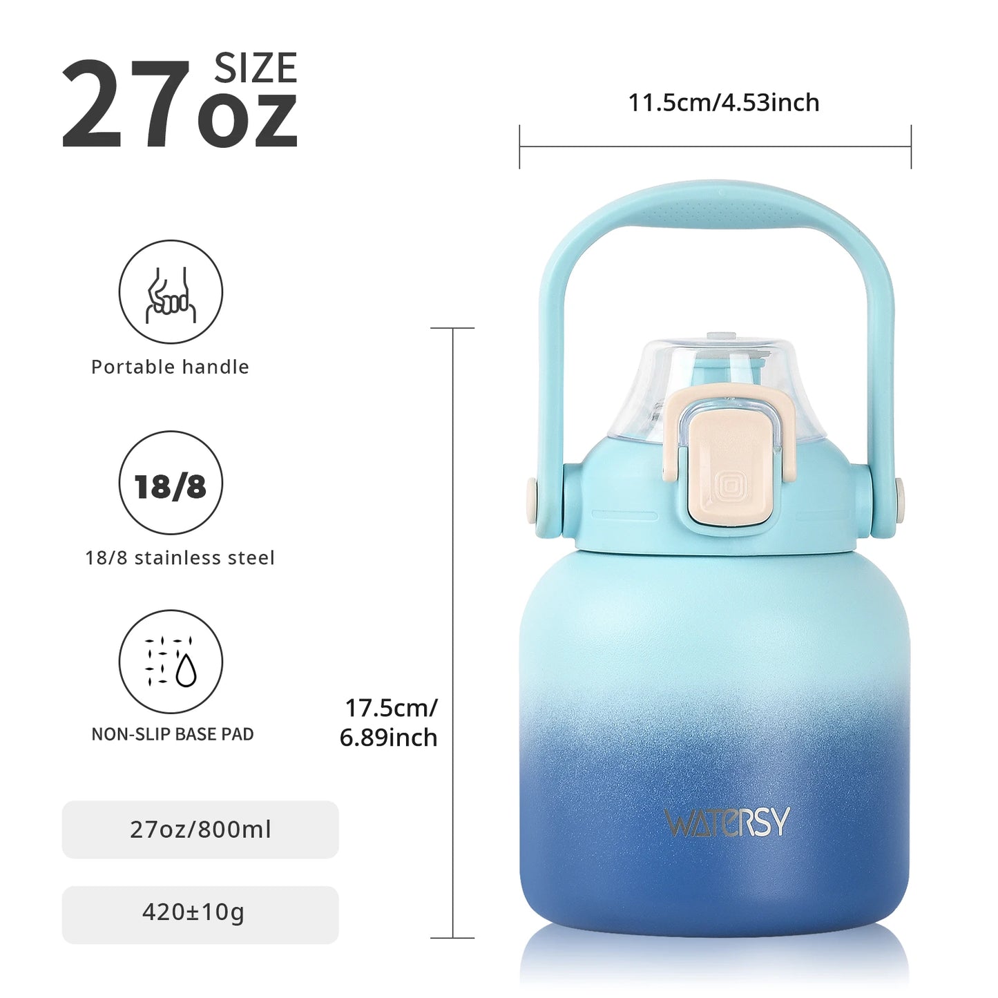 WATERSY 800ml Stainless Steel Water Bottle Double Wall Vacuum Insulated Thermal Cup with Straw & Handle, for Travel Gym Office