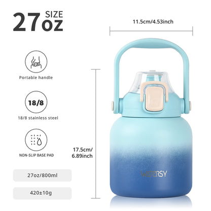 WATERSY 800ml Stainless Steel Water Bottle Double Wall Vacuum Insulated Thermal Cup with Straw & Handle, for Travel Gym Office