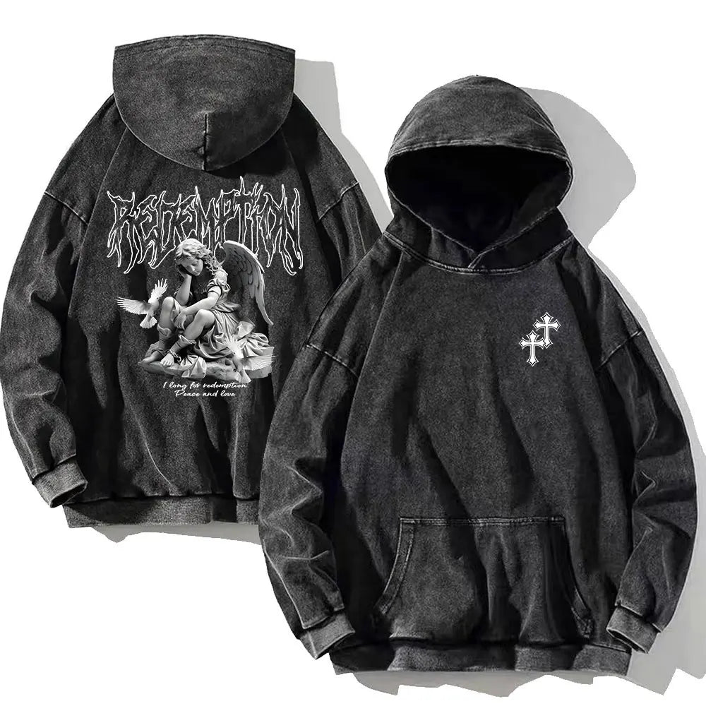 Vintage PSALM 91:11 Print Cotton Washed Hoodie Casual Hip Hop Men Women High Street Retro Hooded Sweatshirt Winter Pullover