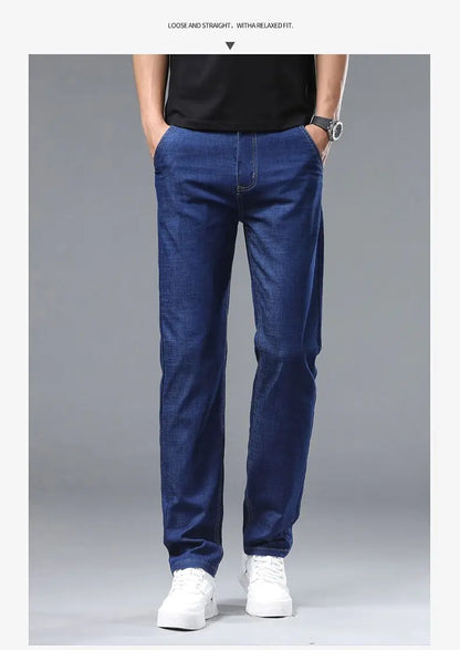 Light blue classic business jeans, fashionable breathable denim elastic pants, black blue men's straight leg jeans, sizes 28-40