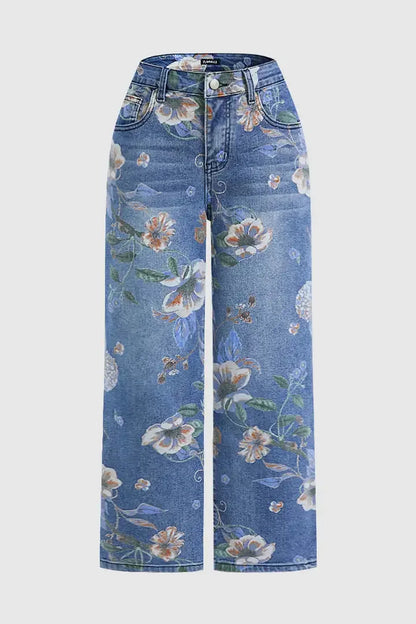 New for 2026: Women's Blue High-waisted Stretch Jeans, Vintage-style Loose-fit Wide-leg Denim Pants with A Floral Print.