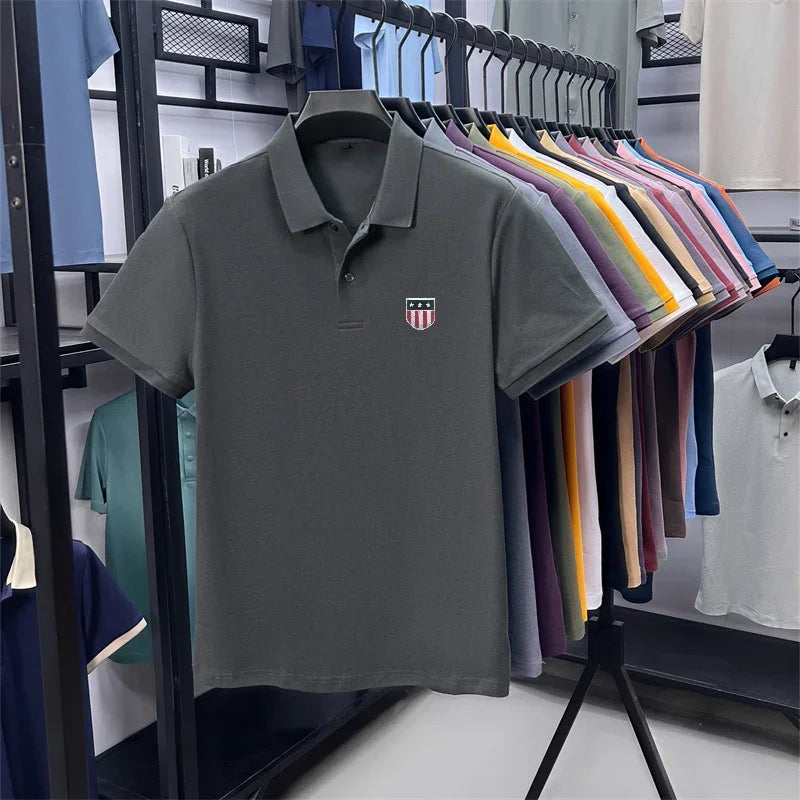 Men's Summer Luxury 100% Cotton Polo Shirt, Lapel Print Short Sleeve T-shirt, Breathable Business Casual Menswear