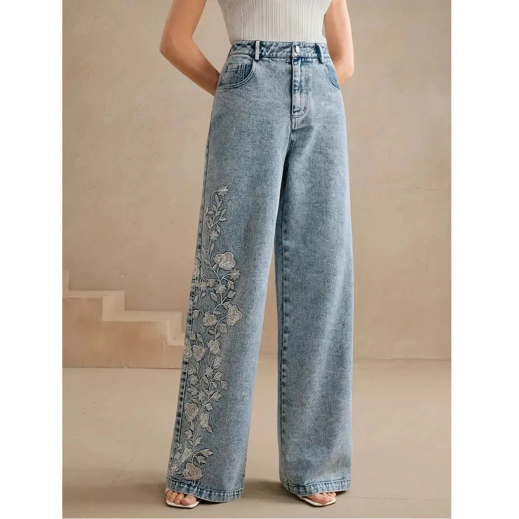Y2k Pants New 2025 Trend Jeans for Woman Plus Size Comfort Stretch Washed Denim Embroidery Design Fashion Straight Leg