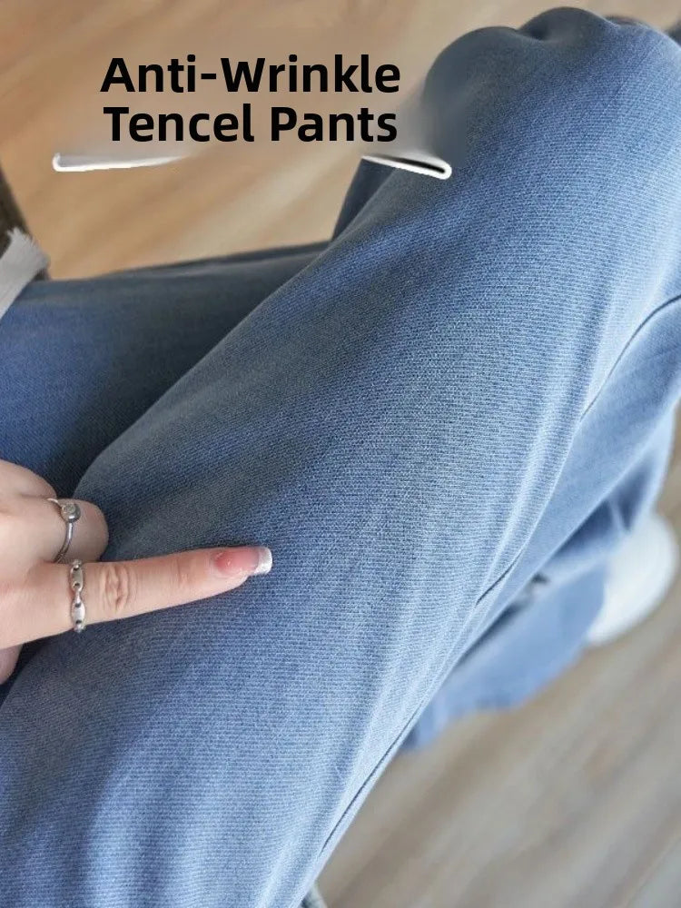 Summer Thin Soft Silk Loose Straight Leg Jeans Women's High Waist Wide Leg Pants Comfortable Breathable Casual Trousers