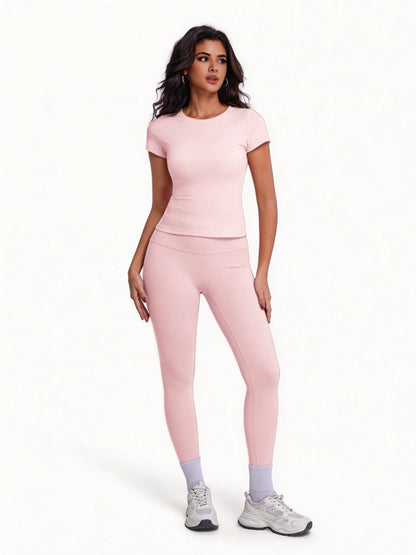 Women's 2 Piece Workout Set, Ultra-Soft Short Sleeve T-Shirt & High Waist Leggings, Seamless Butt Lifting Yoga Outfit for Gym, R