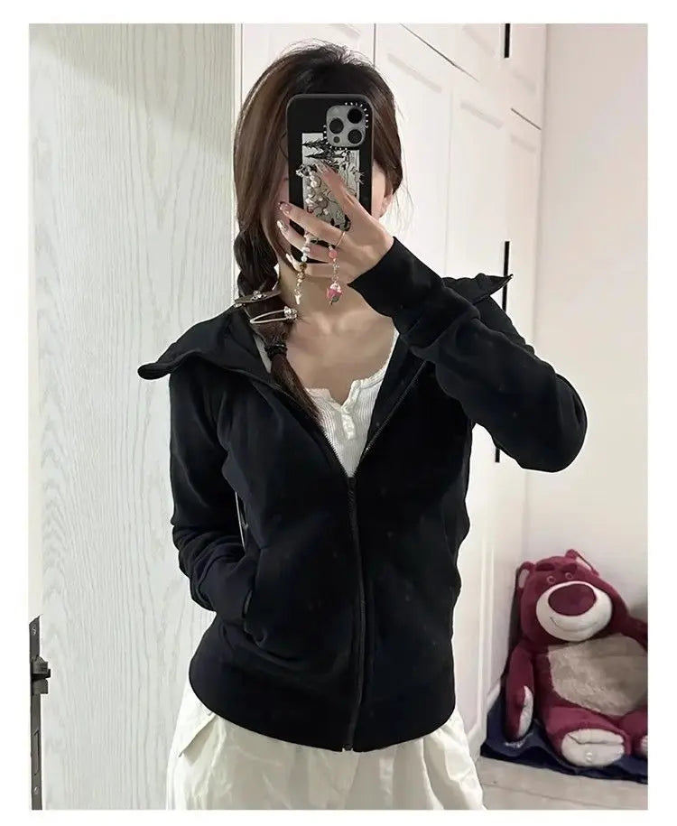 Streetwear Black Hoodie Coat 2025 Women's Clothing Hooded Zipper Slim Fit Y2k Jackets Casual Fashion Sweatshirts Tops Ropa Mujer