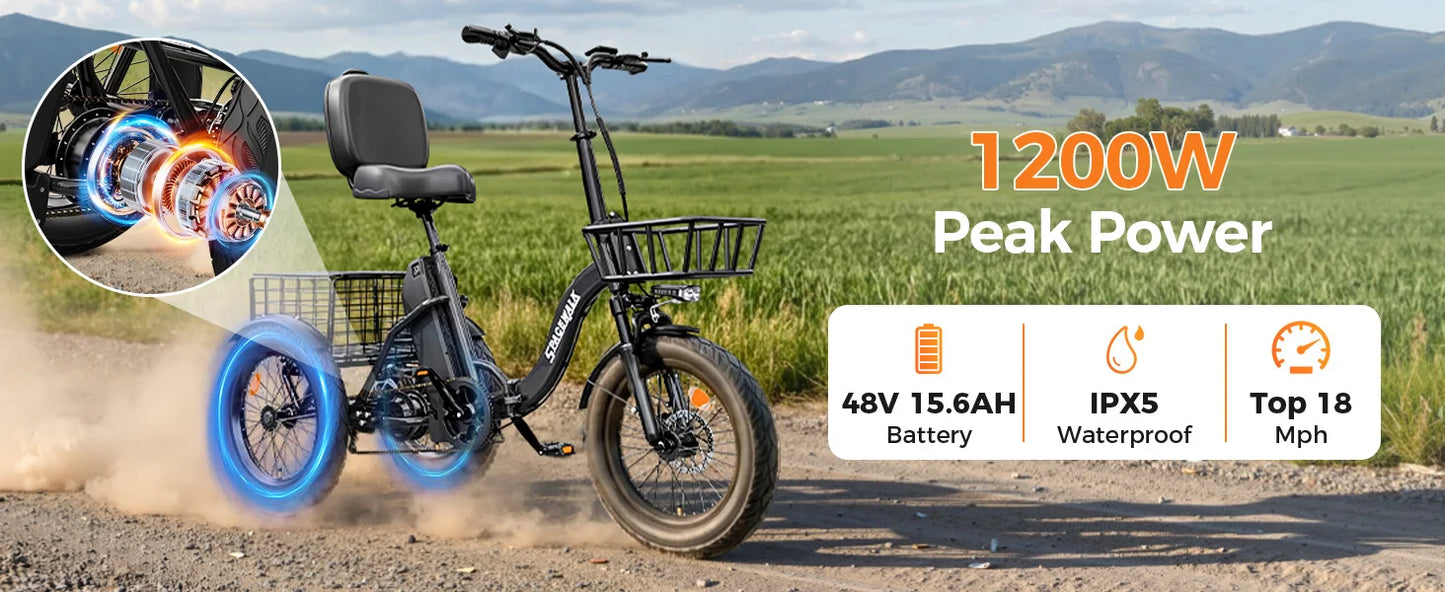 Spacewalk 1200W Peak Electric Trike for Adults, 48V 15Ah Battery 3 Wheel Electric Bike with 60 Miles Range, 18×3.0 Fat Tires, Dual Disc Brakes, Rear Cargo Basket, Adjustable Comfort Seat, Folding E Tricycle for Seniors-Black