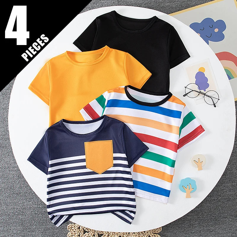 4-piece Children's Spring And Summer New Item 4Y-12Y Multi Size Brother Outfit Short Sleeved Fashionable Mixed Color Boy's T-shi