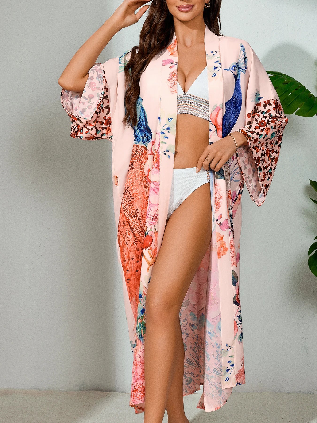 Peocock Printed Beach Cover Ups Kimono Summer Self Belted Women Wrap Dresses Bohemian Dresses Holiday Bathing Suits
