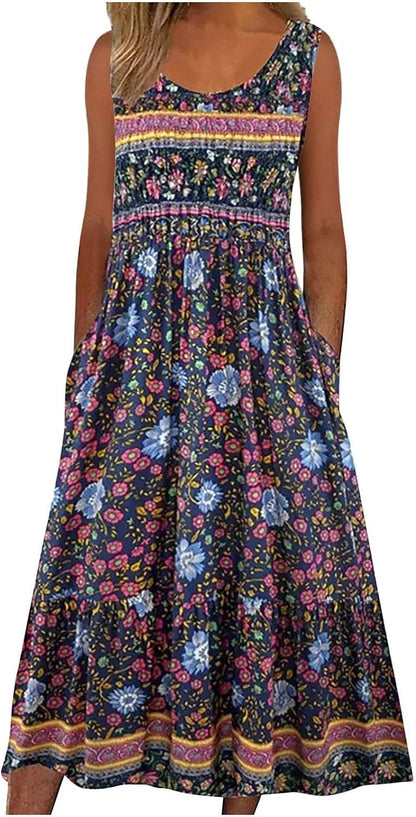Sleeveless Pullover Dress - Women's Casual Knee-Length Print Pattern Dress in Polyester
