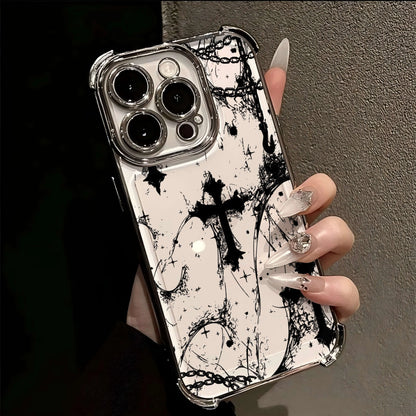 Cool Dark Gothic Cross Mark Line Plating Phone Case For IPhone 17 16e 16 15 14 13 12 11 Pro Max X XR XSMax 7 8 Mini Air Plus