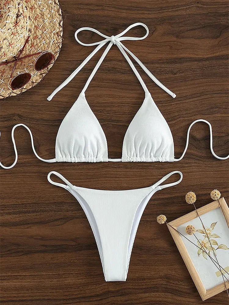 Sexy Women Thong Solid Color Bikini Set Side Halter Tie Swimsuit Ladies Split Strap Adjustable Brazilian Swimwear Beachwear