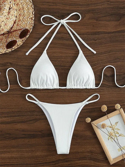 Sexy Women Thong Solid Color Bikini Set Side Halter Tie Swimsuit Ladies Split Strap Adjustable Brazilian Swimwear Beachwear