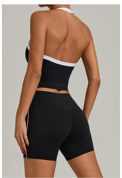 Fashion Patchwork Skinny Shorts Set Gym Women Workout Clothing Summer Sleeveless Backless Fitness Sport Suit Women Sportwear Red