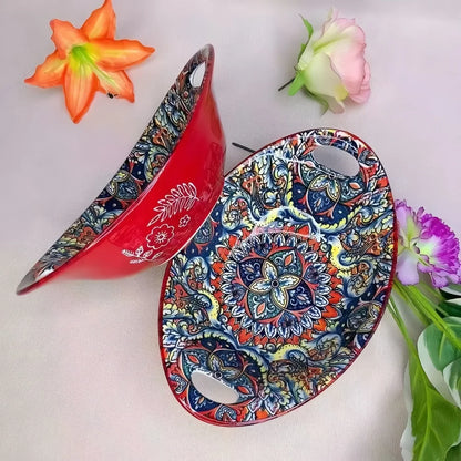 Bohemian Ceramic Salad Bowl Set - Microwave Safe Stackable Oval Plates with Handle 2PCS
