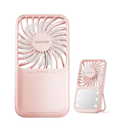 Portable Handheld Fan, 3 Speed LED Makeup Mirror with Light, Folding Stand for Desktop, Rechargeable Mini Personal Fans Small T
