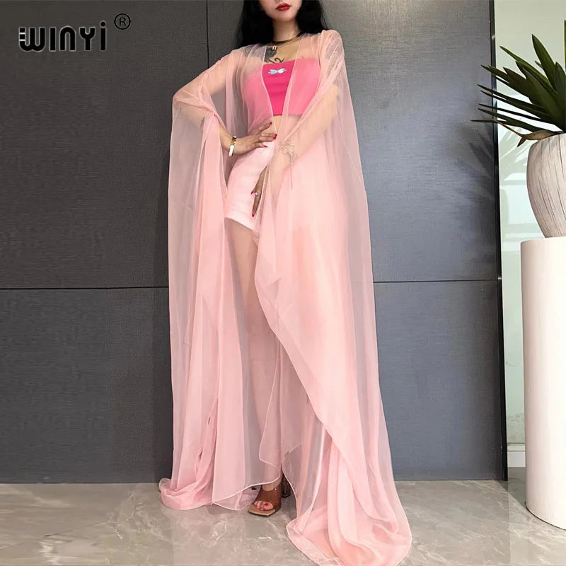 WINYI Beach sexy Cover Ups for Swimwear Women Kimono Swimsuit Cape Summer Dress 2023 Beachwear Monochrome perspective yarn dress